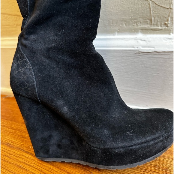 GUCCI Black Suede Courtney Microguccissima Logo Wedge Knee High Boots 37.5 - Picture 6 of 11